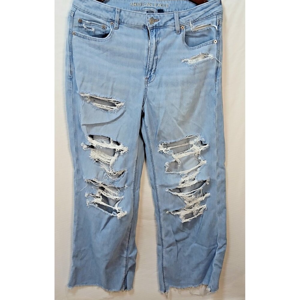 American Eagle Women's Jeans 12 Super High Rise Baggy Wide Leg Distressed Flare